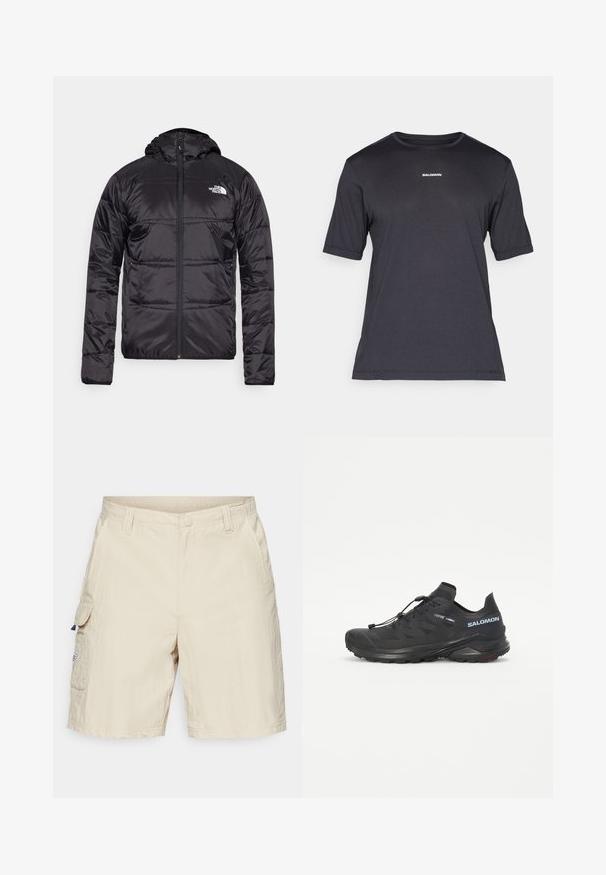 Melnā pūkšķu jaka ar kapuci, ar izšūtu dizainu, ar rāvējslēdzēja aizdari un North Face logotipu uz kreisā krūškurvja. Izgatavota no viegla, spīdīga materiāla.; Melnas īsām piedurknēm izstrādāta veiktspējas T-krekls, kas izgatavots no elpojoša auduma, ar apaļu kakla izgriezumu un nelielu baltu "SALOMON" logotipu uz krūtīm.; Bežīgas cargo šorti ar sānu kabatām, pogu aizdari un faktūrētu audumu. Iezīmēts ar mazu birku kreisajā kabatā.; Melna taku skriešanas apava ar teksturētu augšdaļu, elastīgām auklām un Contagrip zoli. Iekļauj ciešu piegulšanu un aizsargājošu pirkstu daļu.