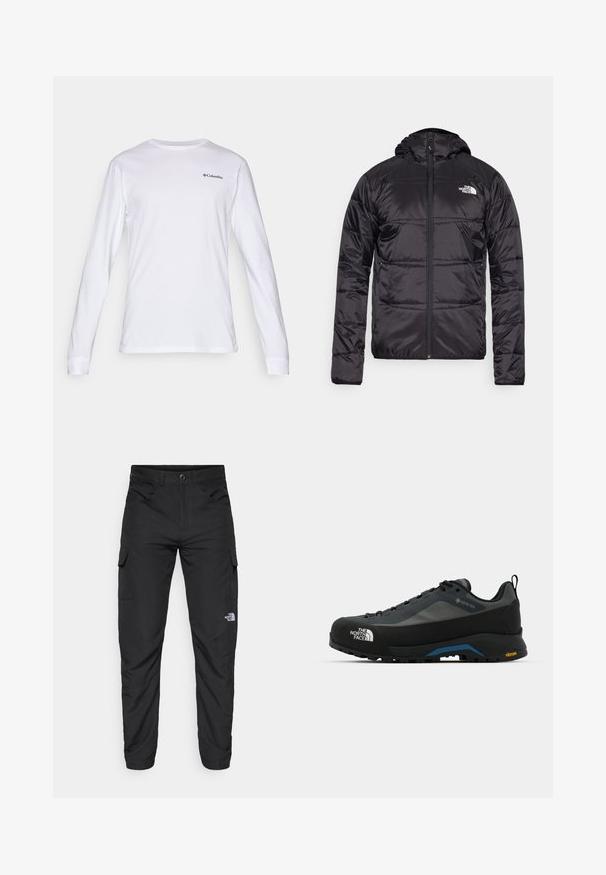 Svart puffjacka med huva, kviltad design, dragkedjestängning och North Face-logga på vänster bröst. Tillverkad av lätt, glänsande material.; Vit långärmad T-shirt i bomull med rund halsringning och en liten svart Columbia-logotyp på bröstet. Mjuk textur, åtsittande design.; The North Face HORIZON PANT - Friluftsbyxor - black; The North Face VERTO ALPINE GORE TEX - Hikingskor - asphalt grey/tnf black