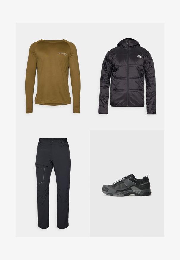 Mustat puffatakki, jossa on huppu, tikattu muotoilu, vetoketjusulku ja North Face -logo vasemmassa rinnassa. Valmistettu kevyestä, kiiltävästä materiaalista.; Pitkähihaine oliivinvihreä paita, joka on valmistettu tekstuuri-kankaasta. Siinä on pyöreä kaula-aukko ja pieni logo etupuolella.; Mustat ulkoiluhousut, joissa on vetoketjullinen reisitasku, joustava vyötärö ja sileä, vettä hylkivä kangas. Siisti muotoilu ilman näkyviä logoja.; Mustat maastohiihtokengät, joissa on kestävä verkkokansi, vahvistettu varvaskuppi, teksturoitu kumipohja ja joustava nauhajärjestelmä varman istuvuuden takaamiseksi.