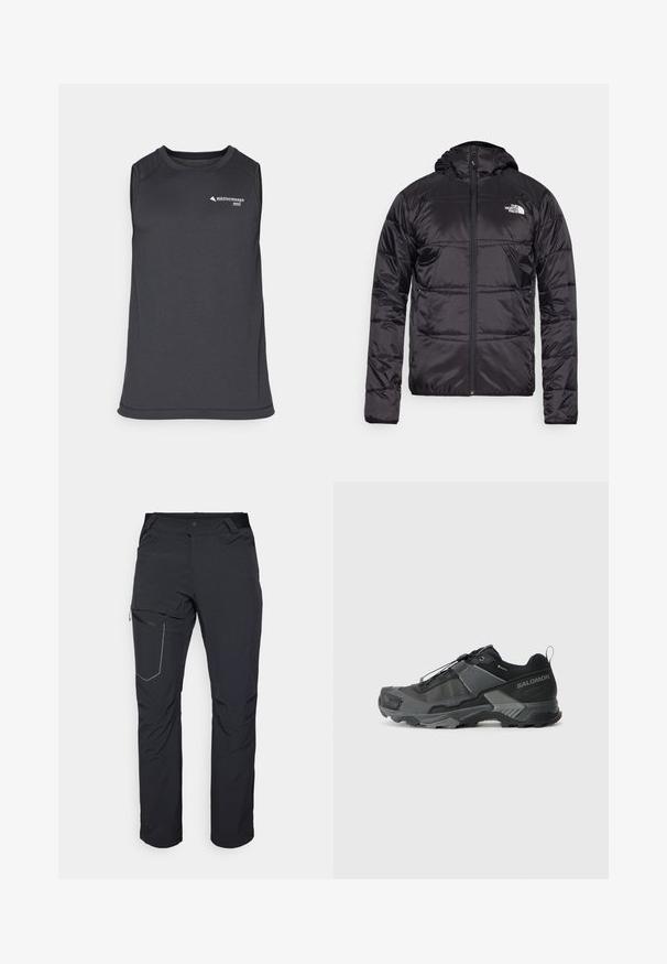 Crna zimska jakna s kapuljačom, kvačena dizajn, zatvaranje na zip, i logo North Face na lijevoj strani prsa. Napravljena od laganog, sjajnog materijala.; Sivkasti bez rukava atletski dukserica napravljena od teksturirane tkanine, s okruglim izrezom i malim logom na prednjoj strani.; Crne vanjske hlače s patentnim zatvaračem na butu, elastičnim pojasom i glatkim, vodootpornim materijalom. Čist dizajn bez vidljivih logotipa.; Crne trail trkačke tenisice s izdržljivim mrežastim gornjištem, ojačanim vrhom, teksturiranim gumenenim potplatom i elastičnim sistemom vezivanja za sigurnu prilagodbu.