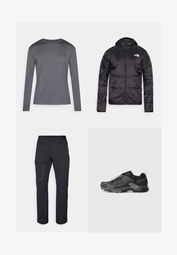 Crna zimska jakna s kapuljačom, kvačena dizajn, zatvaranje na zip, i logo North Face na lijevoj strani prsa. Napravljena od laganog, sjajnog materijala.; Majica dugih rukava u tamnosivoj boji, izrađena od mekog tkanja. Ima mali cvjetni uzorak na prsima i okrugli izrez oko vrata. Jednostavan dizajn.; Crne vanjske hlače s patentnim zatvaračem na butu, elastičnim pojasom i glatkim, vodootpornim materijalom. Čist dizajn bez vidljivih logotipa.; Crne trail trkačke tenisice s izdržljivim mrežastim gornjištem, ojačanim vrhom, teksturiranim gumenenim potplatom i elastičnim sistemom vezivanja za sigurnu prilagodbu.