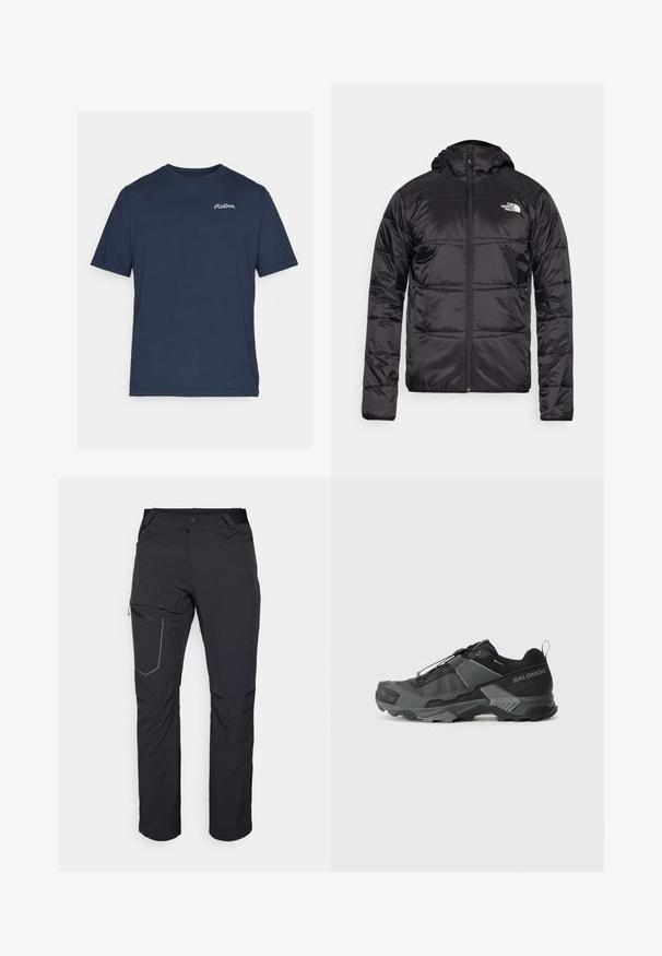 Jachetă puffer neagră cu glugă, design matlasat, închidere cu fermoar și logo-ul The North Face pe pieptul stâng. Fabricată dintr-un material ușor și lucios.; Tricou din bumbac de culoare bleu marin, cu mâneci scurte. Prezintă un mic logo brodat alb în zona pieptului stâng. Guler rotund.; Pantaloni negri de exterior cu buzunar pe coapsă cu fermoar, talie elastică și material neted, rezistent la apă. Design curat, fără logouri vizibile.; Adidași negri pentru alergare pe potecă, cu un superior din plasă durabilă, vârf întărit, talpă din cauciuc texturat și sistem de șireturi elastice pentru o potrivire sigură.