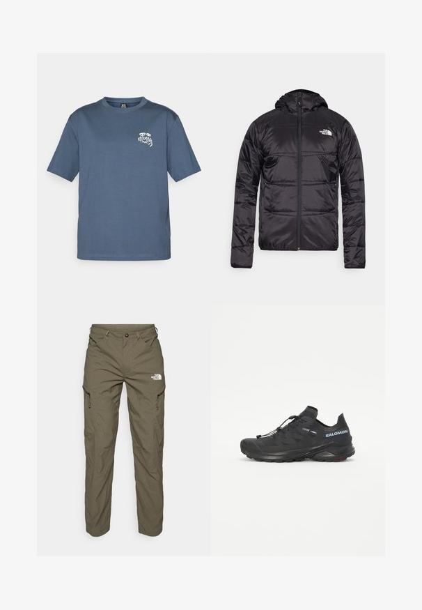 Casaco puffer preto com capuz, design acolchoado, encerramento com fecho zip e o logótipo da North Face no lado esquerdo do peito. Feito de material leve e brilhante.; T-shirt azul de gola redonda com mangas curtas e pequeno logotipo gráfico branco na área do lado esquerdo do peito.; Calças de exterior verde-oliva feitas de um tecido leve, com bolsos tipo cargo, detalhes em zíper e um logótipo na parte superior da coxa.; Sapatilha de trail running preta com um upper texturizado, atacadores elásticos e sola Contagrip. Apresenta um ajuste confortável e uma biqueira protetora.