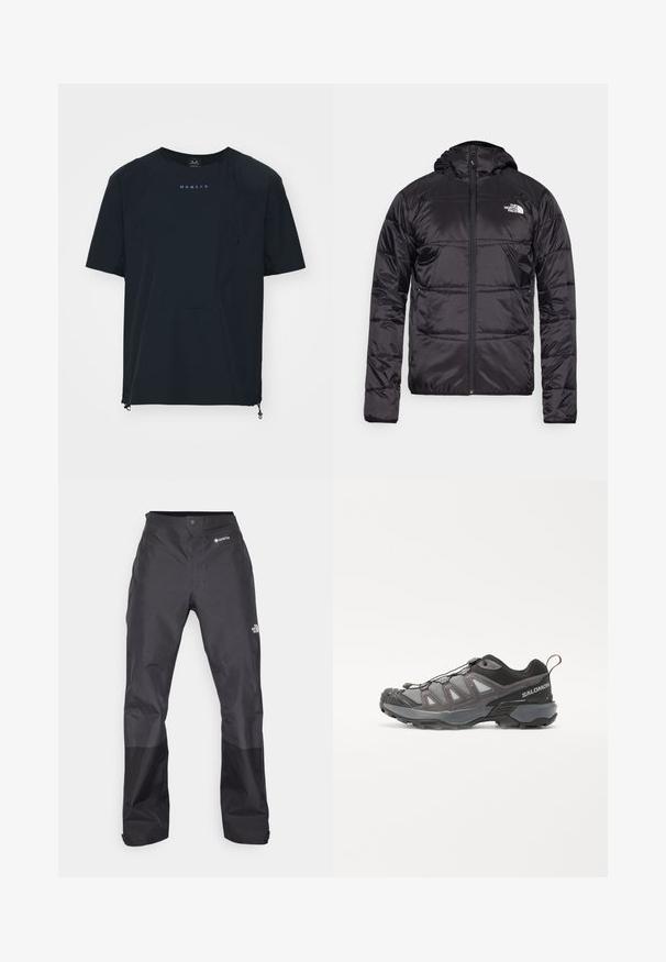 Črna puff jakna s kapuco, prešita zasnova, zadrga in logotip The North Face na levem prsnem delu. Narejena iz lahkega, sijočega materiala.; Temno modra majica s kratkimi rokavi z okroglo odprtino, subtilnim logotipom, zaobljenim sprednjim robom in nastavljivimi stranskimi vrvicami. Lahkoten material.; Črne vodoodporne hlače z gladko teksturo, z logotipom GORE-TEX spredaj in okrepjenimi spodnjimi nogami za povečano vzdržljivost.; Športni čevelj z aerodinamičnim dizajnom, siva sintetična zgornji del z mrežastimi ploščami, črne akcenti in gumijast podplat z izrazito oprijemljivostjo.
