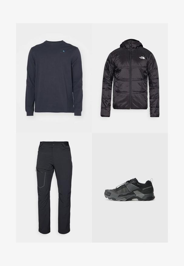 Svart dunjakke med hette, quiltet design, glidelås og North Face-logo på venstre bryst. Laget av lett, skinnende materiale.; Klättermusen ROOT LOGO TEE - Topper langermet - raven; Svart utendørsbukser med en glidelåslomme på låret, elastisk midje og glatt, vannavstøtende stoff. Renslig design uten synlige logoer.; Svart terrengløpesko med et slitesterkt maskeoberoende, forsterket tåhette, teksturert gummisåle og elastisk lissystem for sikre tilpasning.