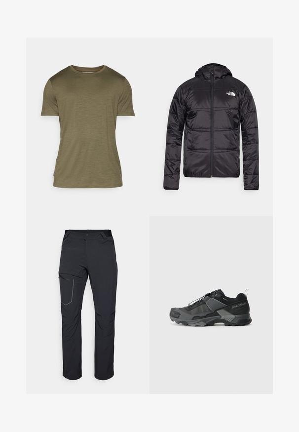 Svart puffjacka med huva, kviltad design, dragkedjestängning och North Face-logga på vänster bröst. Tillverkad av lätt, glänsande material.; Kortärmad T-shirt i olivgrön bomullsblandning, med rund halsringning, subtil textur och en liten logotag vid fållen.; Svarta utomhusbyxor med en zippered lårficka, elastisk midja och ett slätt, vattenavvisande tyg. Ren design utan synliga logotyper.; Svart trailrunning sko med ett hållbart mesh-övre, förstärkt tåhuvud, strukturerad gummisula och elastiskt snörsystem för en säker passform.