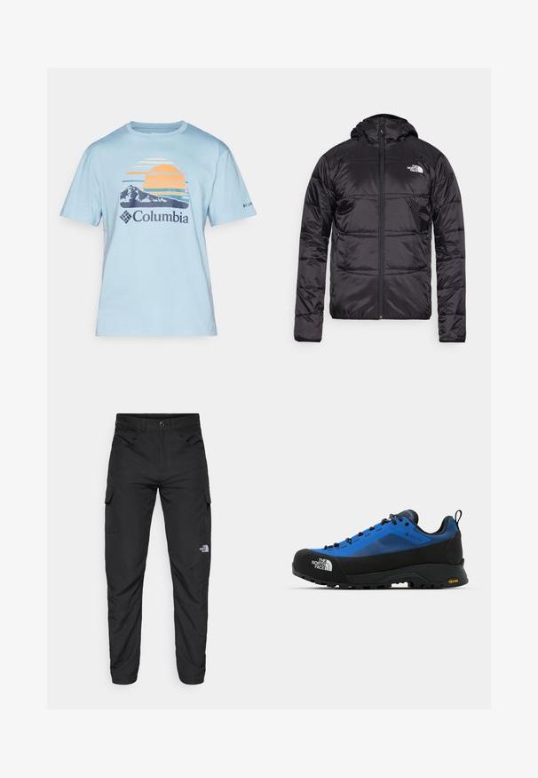 Svart dunjakke med hette, quiltet design, glidelås og North Face-logo på venstre bryst. Laget av lett, skinnende materiale.; Lyseblå t-skjorte med kort erm som har et grafisk motiv med solnedgang, fjell, og Columbia-logoen i marineblått nederst.; The North Face HORIZON PANT - Friluftsbukser - black; The North Face VERTO ALPINE GORE TEX - Fjellsko - hero blue/tnf black