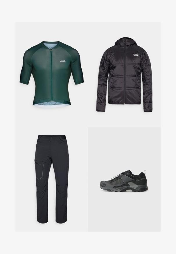 Juodas pūkinis švarkas su gobtuvu, siuvinėta konstrukcija, užtrauktuko uždarymas ir "The North Face" logotipas kairėje krūtinės pusėje. Pagamintas iš lengvos, blizgios medžiagos.; Tamsiai žalia dviračių maikutė su trumpomis rankovėmis, priekiniais užtrauktukais ir subtiliu logotipu. Pagaminta iš lengvo, kvėpuojančio audinio.; Juodos lauko kelnės su užtrauktuku šlaunies kišenėje, elastinga juosmeniu ir lygiu, vandens nepraleidžiančiu audiniu. Tinkama dizaino forma be matomų logotipų.; Juodas bėgimo trail avalynė su patvariu tinkleliu, sustiprinta pado dalimi, tekstūruotu gumuotu padu ir elastingu raištelių sistema, užtikrinančia tvirtą prigludimą.