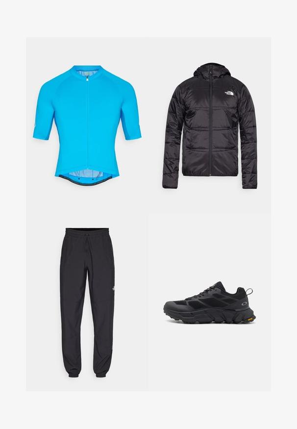 Black puffer jacket with a hood, quilted design, zipper closure, and the North Face logo on the left chest. Made from lightweight, shiny material.; Blue cycling jersey with short raglan sleeves, smooth texture, full front zipper, and a slightly extended back hem for coverage.; Black athletic pants made from lightweight fabric, featuring a drawstring waistband, side pockets, and tapered cuffs at the ankles.; Black athletic shoes with a chunky sole, mesh and synthetic upper, textured accents, and Vibram branding on the outsole.