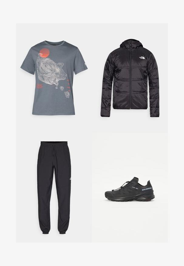 Melnā pūkšķu jaka ar kapuci, ar izšūtu dizainu, ar rāvējslēdzēja aizdari un North Face logotipu uz kreisā krūškurvja. Izgatavota no viegla, spīdīga materiāla.; Pelēka kokvilnas T-kreklu ar topogrāfisku dizainu baltā krāsā un sarkanu apli. Teksts sarkanas un baltas krāsas gar kreiso pusi.; Melni sporta bikses, kas izgatavotas no viegla auduma, ar savelcamu jostu, sānu kabatām un sašaurinātiem apakšējiem galiem pie potītēm.; Melna taku skriešanas apava ar teksturētu augšdaļu, elastīgām auklām un Contagrip zoli. Iekļauj ciešu piegulšanu un aizsargājošu pirkstu daļu.