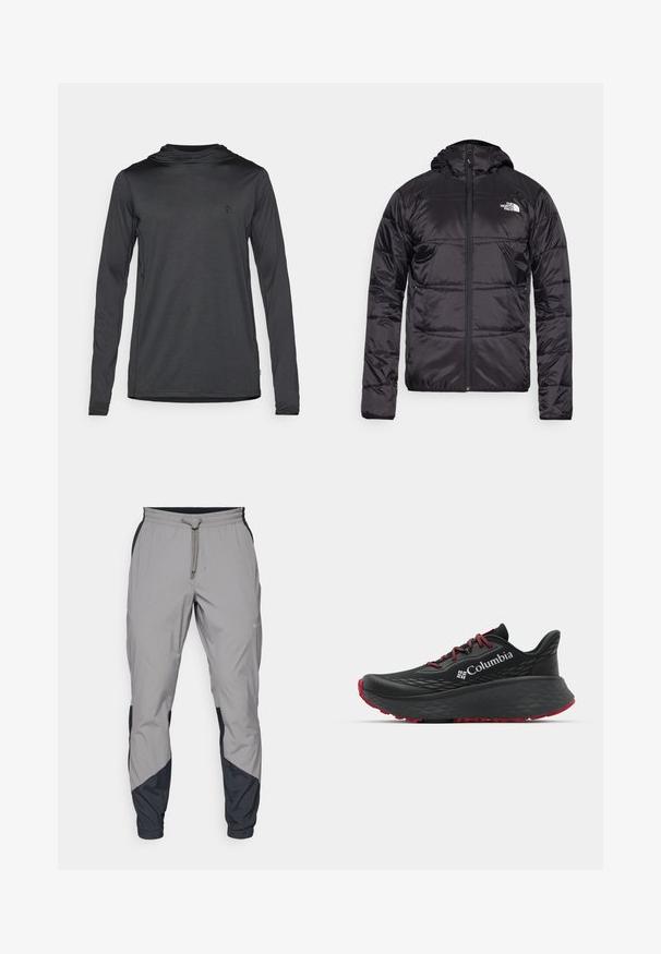 Juodas pūkinis švarkas su gobtuvu, siuvinėta konstrukcija, užtrauktuko uždarymas ir "The North Face" logotipas kairėje krūtinės pusėje. Pagamintas iš lengvos, blizgios medžiagos.; Ilgos rankovės sportinė šalikas tamsiai pilko audinio, pasižymintis minimalistiniu dizainu, minkšta tekstūra ir maža logotipu ant krūtinės.; Lengvas, pilkos sportinės kelnės su juodais akcentais. Elastingas juosmuo, raišteliu užsegimas, siaurėjantis kojų dizainas ir šoninės kišenės.; Juodas sportinis batelis su tekstūruota viršutine dalimi, raudonais raišteliais ir logotipu. Storas padas su raštuotu protektoriu traukai. Minimalistinis dizainas, šoninis vaizdas.