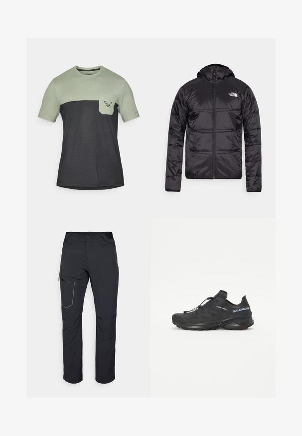 Svart dunjakke med hette, quiltet design, glidelås og North Face-logo på venstre bryst. Laget av lett, skinnende materiale.; T-skjorte med korte ermer som har en lys grønn øverste del og en mørkegrå nedre del, med en brystlomme og logo-detalj.; Svart utendørsbukser med en glidelåslomme på låret, elastisk midje og glatt, vannavstøtende stoff. Renslig design uten synlige logoer.; Svart trail-løpesko med teksturert overdel, elastiske lisser og Contagrip yttersåle. Har en tett passform og beskyttende tåhette.