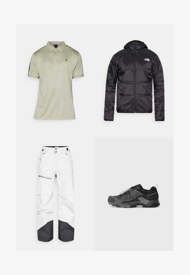 Giubbotto a vento nero con cappuccio, design trapuntato, chiusura con zip e logo The North Face sul lato sinistro del petto. Realizzato in materiale leggero e lucido.; Peak Performance PLAYER - Polo - limit green/pine needle; Pantaloni da neve bianchi con accenti neri all'orlo, dotati di una tasca laterale con zip e chiusura a scatto. Realizzati in materiale resistente alle intemperie.; Scarpa da trail running nera con tomaia in mesh resistente, puntale rinforzato, suola in gomma testurizzata e sistema di lacci elastici per una calzata sicura.
