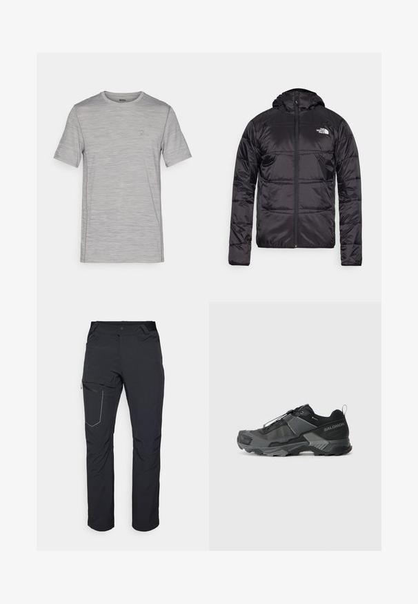 Musta puhvjakas kapuutsiga, tikandeid sisaldava disainiga, lukuga ning vasakul rinnal North Face'i logo. Valmistatud kergest, läikivast materjalist.; Hallhalli hallitav t-särk lühikeste varrukatega, ümmarguse kaelusega, tekstuuriga kangast ja väikese logoga rinnal. Kerge disain.; Mustad musta värvi välispüksid, millel on tõmblukuga reiepocket, elastne vöökoht ja sile, veekindel kangas. Puhas disain ilma nähtavate logodeta.; Musta matkajooksuking, millel on vastupidav sissetõmmatav mesh-ülemine osa, tugevdatud varbavarras, tekstureeritud kummitald ja elastne sidumisüsteem kindla sobivuse tagamiseks.