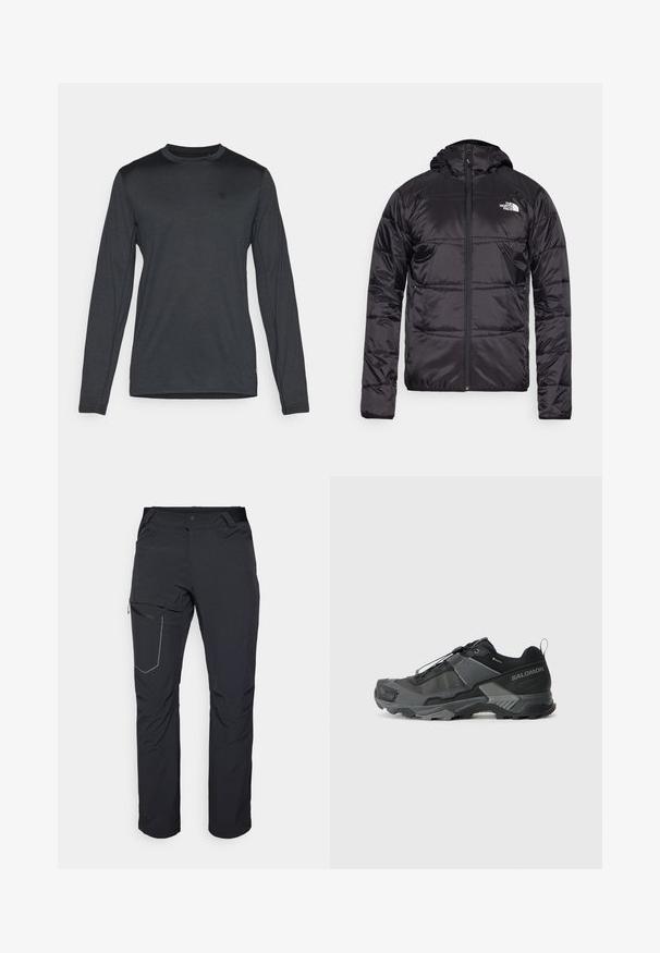 Musta puhvjakas kapuutsiga, tikandeid sisaldava disainiga, lukuga ning vasakul rinnal North Face'i logo. Valmistatud kergest, läikivast materjalist.; Tumehallist kangast pikkade varrukatega särk, millel on ümar kaelus ja peene logo detail. Sile tekstuur ja kehakohane lõige.; Mustad musta värvi välispüksid, millel on tõmblukuga reiepocket, elastne vöökoht ja sile, veekindel kangas. Puhas disain ilma nähtavate logodeta.; Musta matkajooksuking, millel on vastupidav sissetõmmatav mesh-ülemine osa, tugevdatud varbavarras, tekstureeritud kummitald ja elastne sidumisüsteem kindla sobivuse tagamiseks.