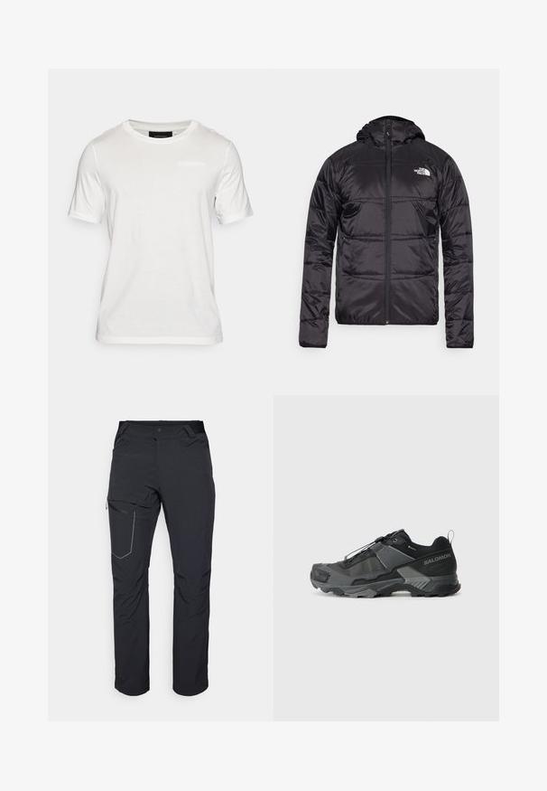 Zwarte pufferjack met een capuchon, gewatteerd ontwerp, ritsluiting en het North Face-logo op de linkerkant van de borst. Gemaakt van lichtgewicht, glanzend materiaal.; Witte t-shirt met korte mouwen, gemaakt van zachte stof. Heeft een ronde halslijn en een subtiele merkdetail in het midden van de voorkant.; Zwarte outdoorbroeken met een ritszak op de dij, een elastische tailleband en glad, waterafstotend materiaal. Schoon ontwerp zonder zichtbare logo's.; Zwarte trailhardloopschoenen met een duurzame mesh bovenkant, versterkte neuskap, gestructureerde rubberen zool en elastisch vetersysteem voor een veilige pasvorm.