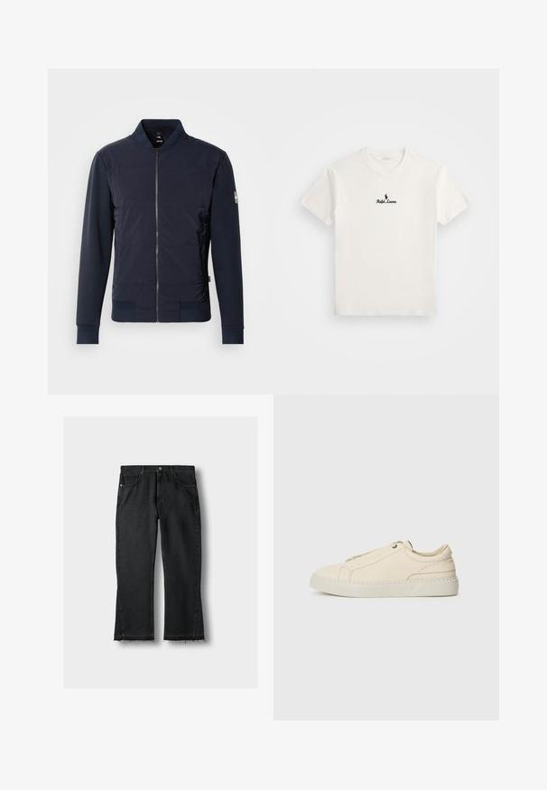 Navy blue bomber jacket featuring a padded front, sleek zip closure, and contrasting material at sleeves and cuffs. Simple, modern design.; White cotton t-shirt featuring a black embroidered logo of a polo player and the text "Ralph Lauren" on the chest. Short sleeves, crew neck.; Black denim jeans with a straight leg cut, featuring a frayed hem, five pockets, and metallic hardware details. Classic design and sturdy texture.; Beige leather sneaker with a rounded toe, minimalistic design, subtle stitching details, and a textured upper, on a light sole.