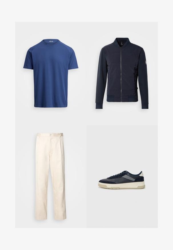 Casaco bomber azul marinho com frente acolchoada, fecho com zíper elegante e material contrastante nas mangas e punhos. Design simples e moderno.; T-shirt de manga curta com decote redondo em azul-escuro, feito de tecido suave, com um corte regular e detalhes de costura mínimos.; Calças de algodão bege com corte reto, apresentando um fecho de botão e pregas na frente para um detalhe adicional.; BOSS BALTIMORE - Sapatilhas - open blue