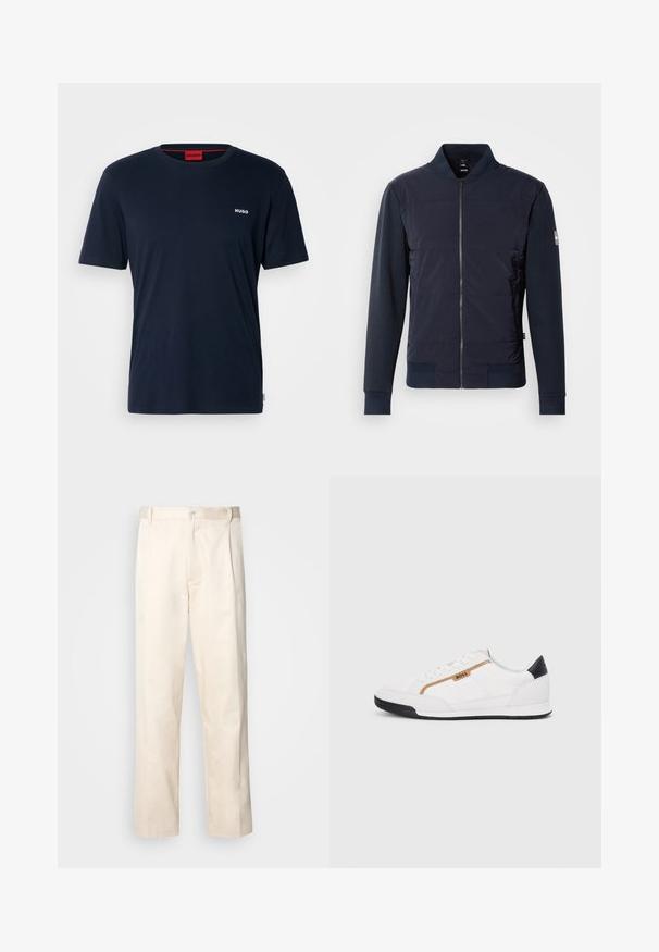 Jachetă bomber bleu marin cu un front căptușit, închidere cu fermoar elegantă și material contrastant la mâneci și manșete. Design simplu și modern.; Tricou din bumbac bleu marin, cu mâneci scurte, decupaj rotund și un mic logo alb "HUGO" pe pieptul stâng. Textură netedă, design minimalist.; Pantaloni din bumbac bej, cu croială dreaptă, dotati cu închidere cu nasture și pliuri în față pentru un plus de detaliu.; Adidași albi cu detalii din plasă și piele. Prezintă un logo auriu "BOSS", panouri laterale texturate și un capac pentru călcâi negru. Talpă din cauciuc.