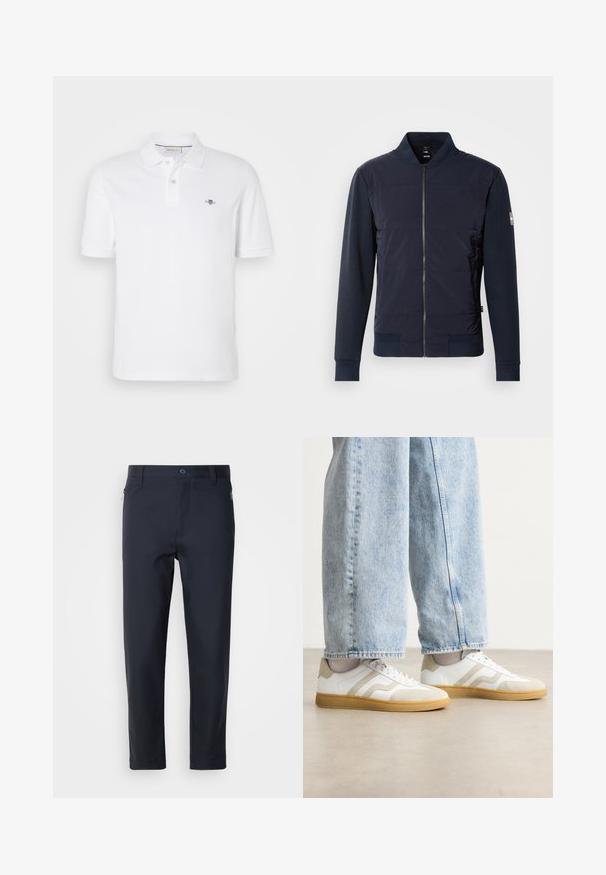 Navyblauwe bomberjack met een gewatteerde voorkant, strakke ritsluiting en een contrasterend materiaal bij de mouwen en boorden. Eenvoudig, modern ontwerp.; Witte polo shirt van katoen, met een klassieke kraag, korte mouwen en een klein geborduurd logo op de linkerborst.; Marineblauwe op maat gemaakte broek van gladde stof, met een ritszak, rechte pijpen en een knoopsluiting bij de taille.; Witte sneakers met beige suède accenten en lichte rubberen zolen; voorzien van een lage schacht en textuurdetails op de bovenkant.