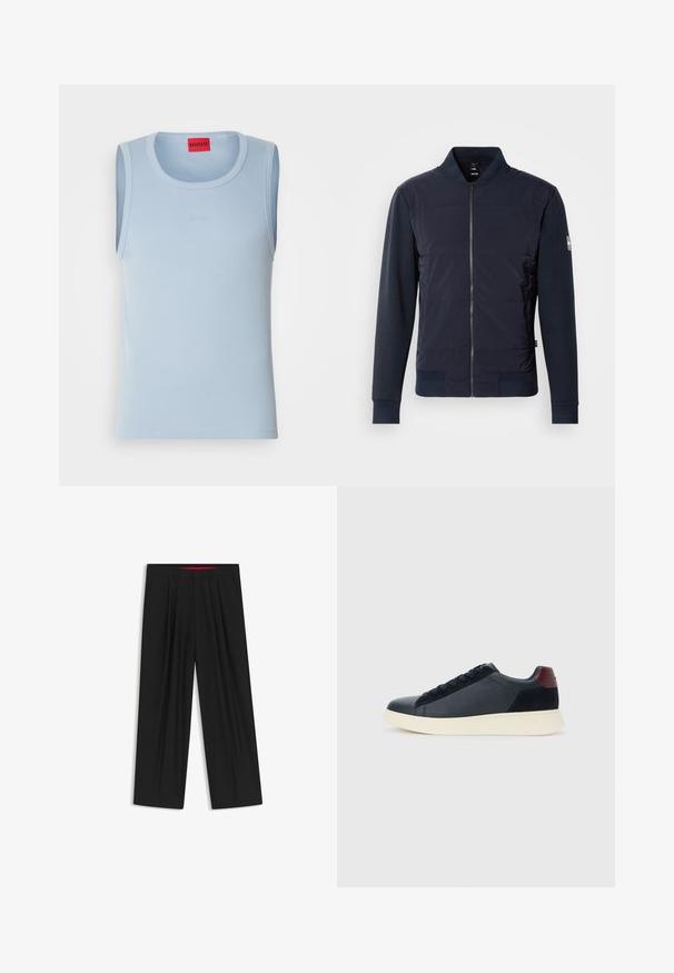 Navy blue bomber jacket featuring a padded front, sleek zip closure, and contrasting material at sleeves and cuffs. Simple, modern design.; Light blue sleeveless tank top with a ribbed texture, featuring a round neckline and a small embossed logo, with a red brand label at the neck.; Black wide-leg trousers with a flat front, two side pockets, pleated design, and a contrasting red interior waistband.; Low-top men's sneaker in black leather and suede with maroon heel tab and white rubber sole, viewed from the outer side.