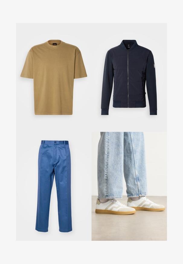 Tamsiai mėlyna bombonešio striukė su paminkštintu priekiu, elegantiška užtrauktuko uždarymo sistema ir kontrastinga medžiaga rankovėse bei manžetėse. Paprastas, modernus dizainas.; Kaki medvilnės marškinėliai su trumpomis rankovėmis, apvalia iškirpte ir laisvu siluetu. Pastabos minimalus ženklinimas ant vidinės kaklo dalies. Švarus ir paprastas dizainas.; Mėlyni kelnės, pagamintos iš lygaus audinio, su tiesiomis kojomis, mygtukų uždarymu ir subtiliomis siuvimo detalėmis.; Baltos sportbačiai su smėlio spalvos zomšos akcentais ir šviesiais gumos padais; turi žemą dizainą ir tekstūruotą apdailą viršuje.