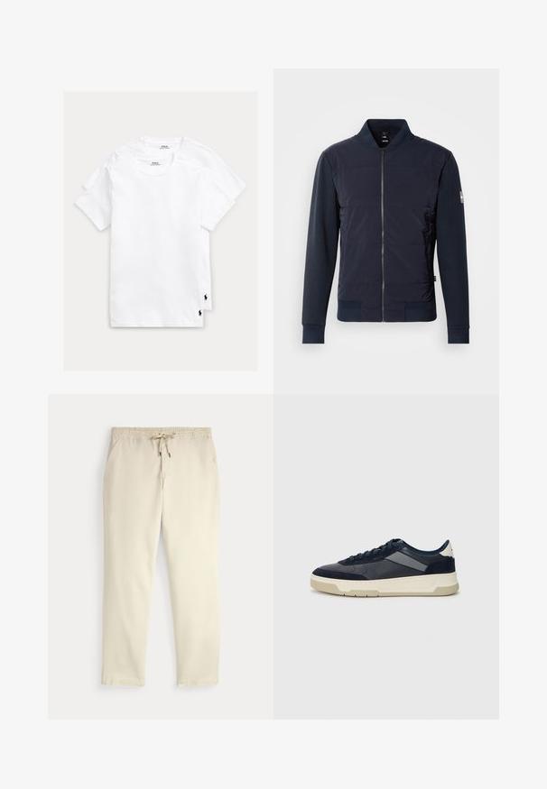 Casaco bomber azul marinho com frente acolchoada, fecho com zíper elegante e material contrastante nas mangas e punhos. Design simples e moderno.; Duas t-shirts brancas de algodão com gola redonda. Cada uma apresenta um pequeno logótipo preto de polo no lado inferior esquerdo. Textura suave, corte padrão.; Calças casuais off-white com cintura elástica e cordão, pernas retas e bolsos laterais, contra um fundo liso.; BOSS BALTIMORE - Sapatilhas - open blue