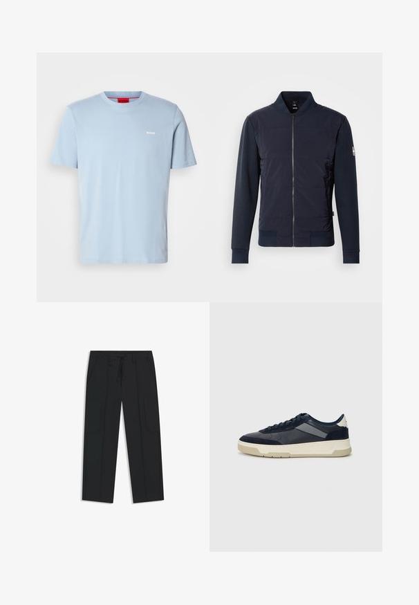Granatowa kurtka bomberka z ocieplaną przednią częścią, eleganckim zapięciem na zamek i kontrastowym materiałem na rękawach oraz mankietach. Prosty, nowoczesny design.; Jasnoniebieska bawełniana koszulka z okrągłym dekoltem i krótkimi rękawami. Posiada białe logo "HUGO" na klatce piersiowej oraz czerwoną metkę wewnętrzną.; Czarne spodnie cargo wykonane z nylonu. Posiadają elastyczny pasek w talii z regulowanym sznurkiem, kieszenie boczne oraz płaski przód.; BOSS BALTIMORE niebieski