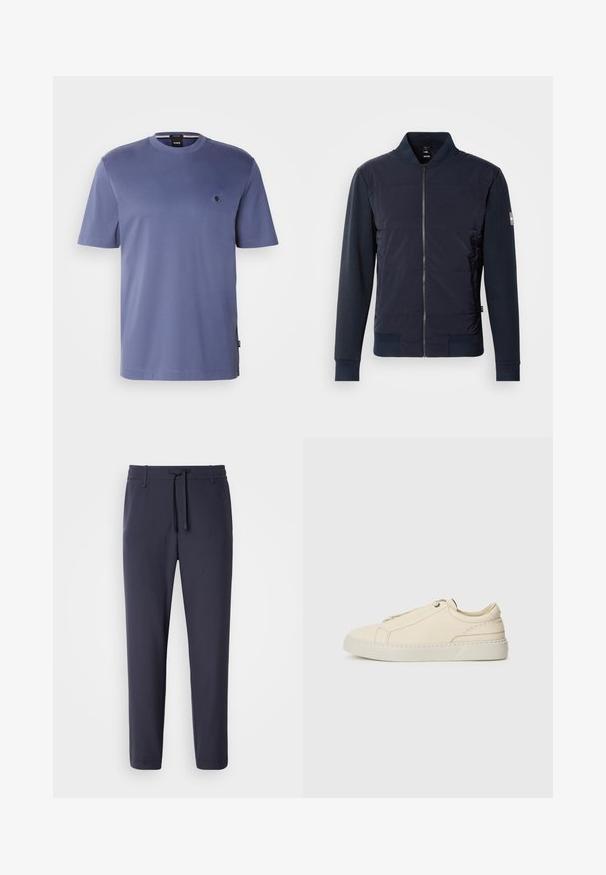 Námořnická modrá bomber bunda s polstrovaným předním dílem, elegantním zipem a kontrastním materiálem na rukávech a manžetách. Jednoduchý, moderní design.; BOSS TAUT - Jednoduché tričko - navy; Námořnické jogger kalhoty s elastickým pasem a šňůrkou. Vyrobené z hladkého materiálu, s tapered nohavicemi a bez viditelných kapes.; Krémové kožené tenisky s kulatou špičkou, minimalistickým designem, jemnými švy a texturovaným svrškem, na světlé podrážce.