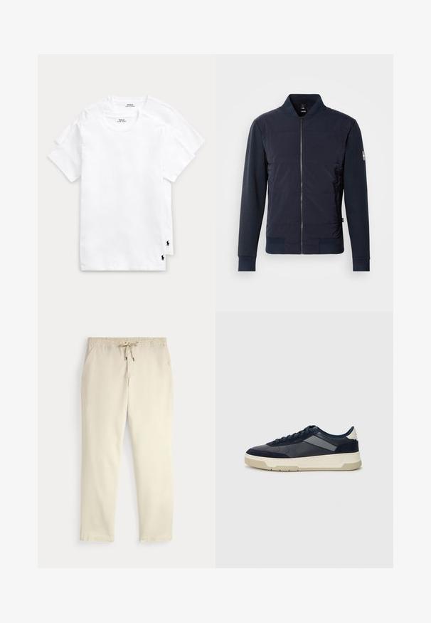 Veste bomber bleu marine avec un devant rembourré, fermeture éclair élégante et matière contrastante aux manches et aux poignets. Design simple et moderne.; Deux t-shirts blancs en coton avec encolures rondes et manches courtes, arborant un petit logo polo noir en bas à gauche.; Pantalon décontracté off-white avec taille élastique et cordon de serrage, jambes droites et poches latérales sur un fond uni.; BOSS BALTIMORE - Baskets basses - open blue
