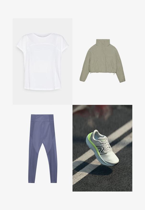 Krótkia puchowa kurtka w jasnej zielonej korduroy. Posiada wysoki kołnierz, zatrzaski oraz dwie przednie kieszenie. Gładka tekstura z żeberkowym wzorem.; ONLY Play ONPAUB-FIA biały; Fioletowe legginsy sportowe o dopasowanym kroju, gładkiej fakturze i panelach z siatki po bokach zapewniających wentylację. Wysoki stan.; Białe i neonowozielone buty do biegania New Balance w powietrzu nad asfaltem z białymi liniami drogowymi.