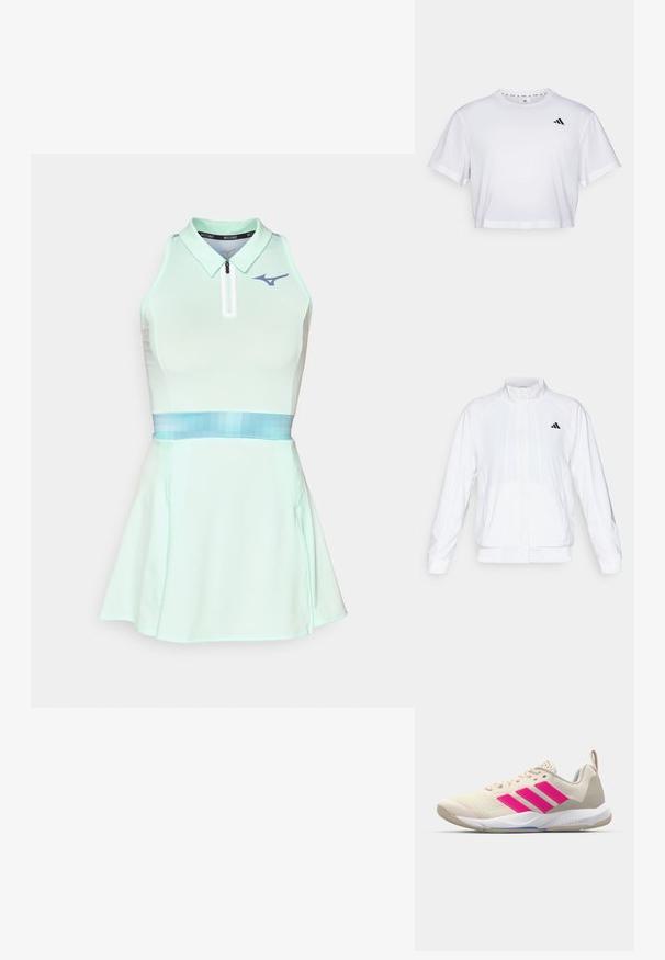 Λευκό αθλητικό μπουφάν με όρθιο γιακά, μακριά μανίκια και φερμουάρ μπροστά. Διαθέτει μαύρο λογότυπο στο επάνω αριστερό μέρος. Λείο υλικό.; Mizuno FRONTIER DRESS - Αθλητικό φόρεμα - bay; Λευκό επιστημονικό t-shirt που έχει κοπεί ψηλά, φτιαγμένο από μαλακό ύφασμα, με κοντά μανίκια και στρογγυλή λαιμόκοψη. Μαύρο λογότυπο στο αριστερό στήθος.; Μπεζ αθλητικά παπούτσια με ροζ λογότυπο τριών λωρίδων, πλεχτό πάνω μέρος, επενδεδυμένο κολάρο και λευκή καουτσούκ σόλα, με την επωνυμία "LIGHTSTRIKE".