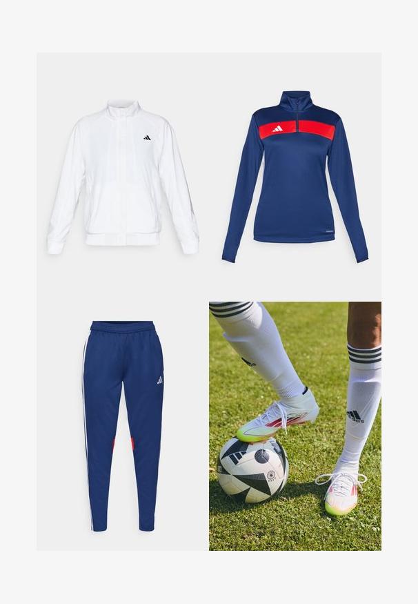 Valge spordijakk, millel on püsti krae, pikad varrukad ja lukuga eesmine osa. Ülemisel vasakul küljel on must logo. Sile tekstuur.; Tumes sinine pikkade varrukatega neljandik-zip top punase horisontaalse triibuga, valge logo, sile tekstuur ja keha lähedane disain. Stiilne ja funktsionaalne kangas.; Tumesinine jooksupüksid valgete külgtriipudega, elastse vöökoht ja punased aktsendid serva lähedal. Valmistatud siledast, kergest kangast.; Valged jalgpallijalatsid punaste aktsentidega, asetatuna musta ja valge jalgpallile, rohutekkel, kus on nähtavad valged sokid ja triibud.