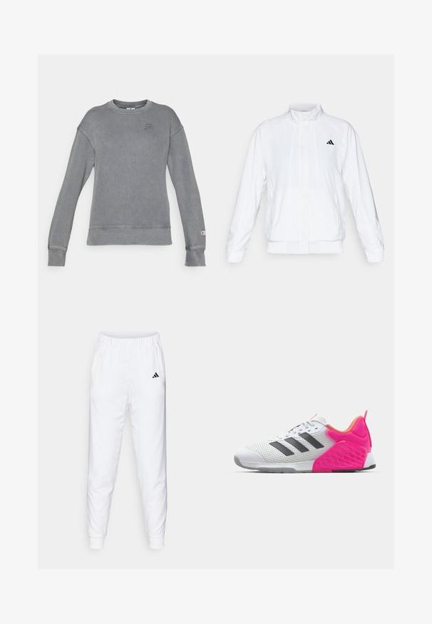 Bela atletska jakna s visokim ovratnikom, dolgimi rokavi in zadrgo spredaj. Ima črni logotip na zgornji levi strani. Gladka tekstura.; Sivi rebrasti pulover z dolžinami rokavi, okroglo ovratnikom in logotipom na prsih. Ima manšete in spodnji del z gladkim zaključkom.; Bele športne hlače z elastičnim pasom in manšetami. Imajo stranske žepe in majhen črn logotip na levi stegn. Gladek zaključek tkanine.; Bela športna čevelj z sivo črtami, mrežasto zgornjim delom in rožnato peto ter dodatki. Ima teksturirano peto in gumijastim podplatom. Čipke in oblazinjen ovratnik.