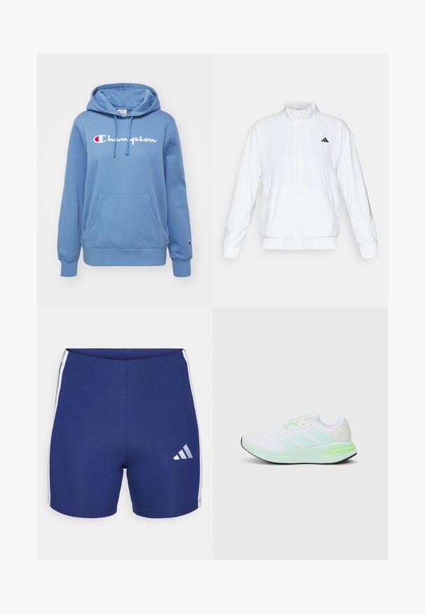Casaco atlético branco com colarinho alto, mangas longas e fecho à frente com zip. Apresenta um logotipo preto no lado superior esquerdo. Textura suave.; Champion ICONS CONTRAST LARGE LOGO - Camisola - blue; Calções de atletismo azuis de marinha feitos de tecido elástico, com riscas brancas nas laterais e o logótipo refletor da Adidas na perna esquerda.; Tênis atlético branco com parte superior em mesh, detalhes em verde limão e sola preta. Apresenta um design de três riscas na lateral e colarinho acolchoado.