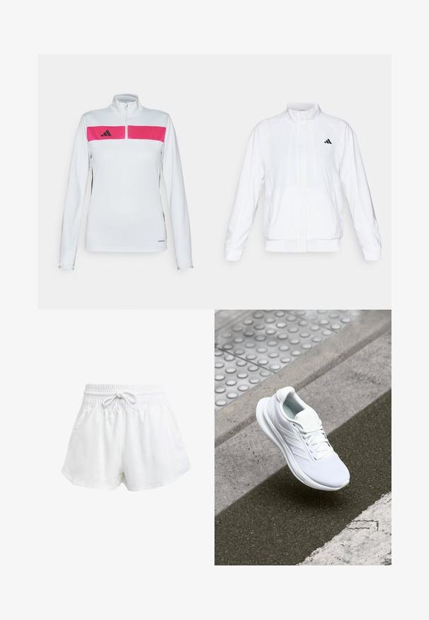Witte sportieve jack met een opstaande kraag, lange mouwen en een rits aan de voorkant. Heeft een zwart logo op de bovenste linkerzijde. Glad textuur.; Sportieve langemouwen top met een witte basis, roze borstpaneel, zwarte accenten aan de zijkanten en een ritskraag. Gemaakt van lichtgewicht, ademende stof.; Witte sportshirt met korte mouwen, gemaakt van zachte, rekbare stof. Voorzien van een klein zwart Adidas-logo op de borst.; Witte sportieve shorts met een elastische tailleband en verstelbaar trekkoord. Gemaakt van lichtgewicht materiaal, met zijzakken en een losse pasvorm.; Witte sportschoen met een bovenwerk van mesh, vetersluiting en een textuurrijke zool. Subtiele branding en naadloze constructiedetails zichtbaar.