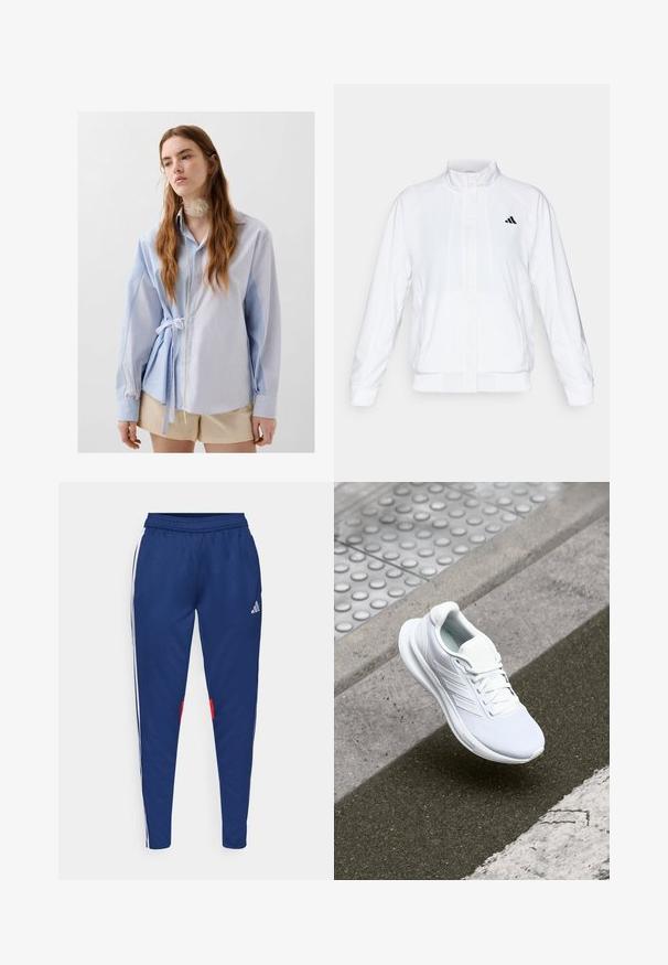 Weiße Sportjacke mit Stehkragen, langen Ärmeln und Reißverschluss vorne. Mit einem schwarzen Logo auf der oberen linken Seite. Glatte Textur.; Blau-weiß gestreiftes Hemd mit langen Ärmeln, am Bund gebunden, mit Kragen und einer strukturierten Akzentuierung am Hals.; Weißes Sportshirt mit kurzen Ärmeln, aus glattem, dehnbarem Stoff. Mit kleinem schwarzem Adidas-Logo auf der Brust.; Marineblaue Jogginghosen mit weißen Seitenstreifen, elastischem Bund und roten Akzenten am Saum. Aus glattem, leichtem Stoff gefertigt.; Weiße Sportschuhe mit einem Obermaterial aus Mesh, Schnürdesign und strukturiertem Sohlen. Dezente Branding- und nahtlose Konstruktionsdetails sichtbar.