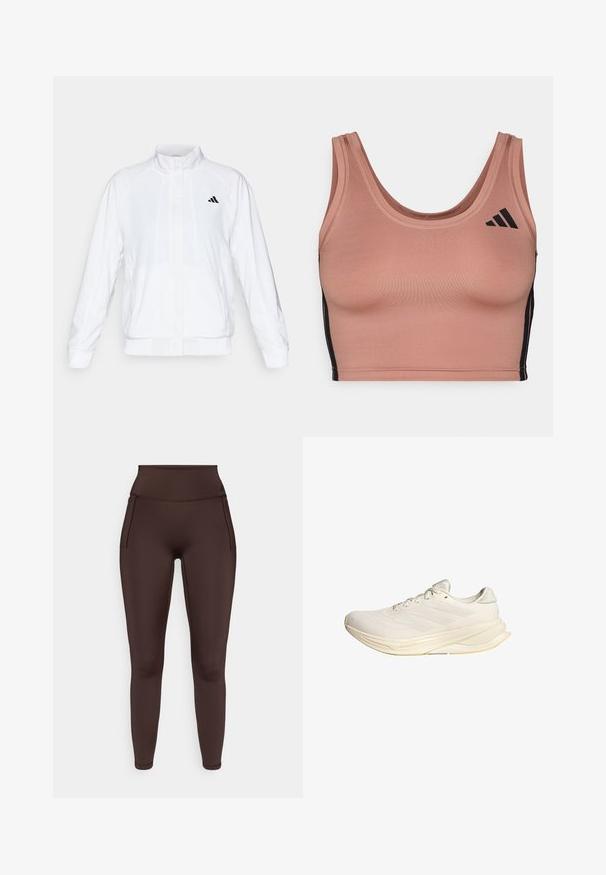 Veste de sport blanche avec un col montant, des manches longues et une fermeture éclair sur le devant. Présente un logo noir sur le côté supérieur gauche. Texture lisse.; Soutien-gorge de sport en tissu doux rose pâle avec un col en scoop, des rayures noires sur les côtés et des accents de logo subtils. Coupe ajustée avec une texture lisse.; Leggings bruns taille haute en tissu extensible avec poches latérales et texture lisse. Présentent un détail minimaliste de couture.; Chaussure de sport beige clair avec une tige en mesh, des lacets plats et une semelle rembourrée. Présente un design à trois bandes sur le côté latéral.