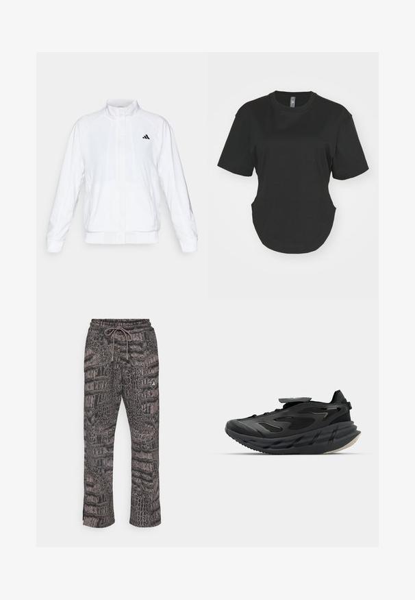 Λευκό αθλητικό μπουφάν με όρθιο γιακά, μακριά μανίκια και φερμουάρ μπροστά. Διαθέτει μαύρο λογότυπο στο επάνω αριστερό μέρος. Λείο υλικό.; Μαύρο κοντομάνικο T-shirt από βαμβάκι. Στρογγυλή λαιμόκοψη με καμπύλη άκρη και πλευρικές σχισμές. Απαλή υφή, casual εφαρμογή.; adidas by Stella McCartney LOOSE - Παντελόνι φόρμας - black/charcoal; adidas by Stella McCartney ADISTAR - Παπούτσι προπόνησης - core black/utility black/almond milk