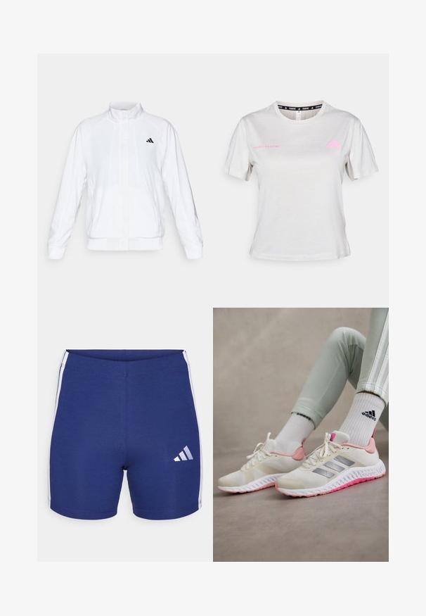 Biela športová bunda so stojatým golierom, dlhými rukávmi a zipsom vpredu. Obsahuje čierne logo na hornej ľavej strane. Hladká textúra.; Svetlošedé tričko s krátkym rukávom s okrúhlym výstrihom, so sloganom "ADIDAS RUNNING" potlačeným v ružovej farbe, a ružovým logom Adidas na hrudi. Mäkká textúra látky.; Námorné športové šortky vyrobené z elastického materiálu s bielymi bočnými pruhmi a reflexným logom Adidas na ľavom stehne.; Biele športové topánky s jemne ružovými akcentmi a striebornými bočnými pruhmi. Textúrovaný textilný zvršok s gumovou podrážkou, na ktorej je ružový vonkajší okraj.