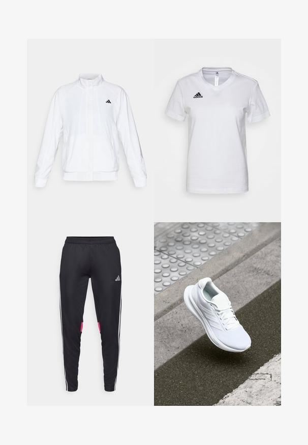 Jachetă sport albă cu guler înalt, mâneci lungi și închidere cu fermoar. Prezintă un logo negru în partea stângă sus. Textură netedă.; Tricou alb din bumbac, cu un design tip V, mâneci scurte și un logo negru Adidas în zona stângă a pieptului. Textură netedă, croială clasică.; Pantaloni sportivi negri, cu talie elastică, dungi albe pe laterale, detalii roz pe buzunare și un logo argintiu pe partea superioară stângă a piciorului.; Pantofii sport albi au un material superior din plasă, design cu șireturi și o talpă texturată. Detalii discrete de branding și o construcție fără cusături sunt vizibile.