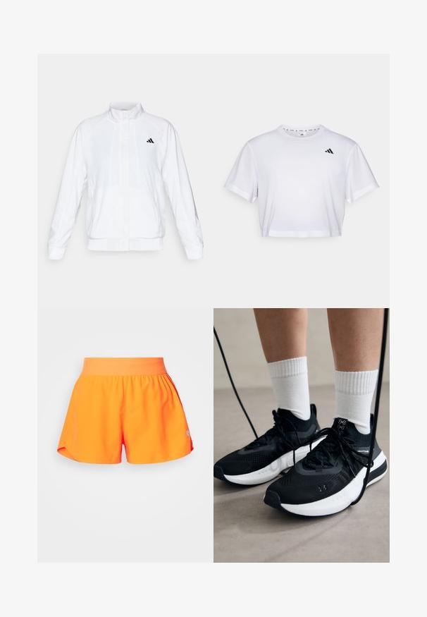 Chaqueta deportiva blanca con cuello alto, mangas largas y cierre de cremallera frontal. Presenta un logo negro en la parte superior izquierda. Textura suave.; Camiseta blanca recortada hecha de una tela suave, con mangas cortas y un escote redondo. Logo negro en el lado izquierdo del pecho.; Pantalones cortos deportivos de color naranja brillante con cintura elástica, con un ajuste holgado, aberturas laterales y un pequeño logo en gris en la esquina inferior.; Zapatillas deportivas negras con tela texturizada, suela blanca y cordones negros. Llevadas con calcetines blancos de canalé, de pie sobre una superficie clara.