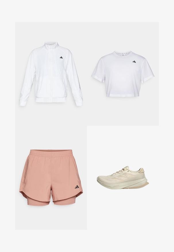 Witte sportieve jack met een opstaande kraag, lange mouwen en een rits aan de voorkant. Heeft een zwart logo op de bovenste linkerzijde. Glad textuur.; Witte cropped t-shirt gemaakt van zachte stof, met korte mouwen en een ronde hals. Zwart logo op de linkerborst.; Roze sportshorts met een elastische tailleband, gelaagd ontwerp, zijzakken en het zwarte Adidas-logo aan de onderzijde rechts.; Beige hardloopschoenen met een ademende mesh bovenkant, tekstuurdesign, gebogen zool en drie strepen aan de zijkant. Lichtgewicht en modern.
