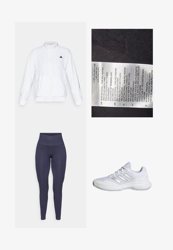 Chaqueta deportiva blanca con cuello alto, mangas largas y cierre de cremallera frontal. Presenta un logo negro en la parte superior izquierda. Textura suave.; Etiqueta de tela blanca con texto negro detallando los materiales: 100% poliéster reciclado, 82% poliéster, 18% elastano; incluye múltiples idiomas.; Leggings de canalé azul marino con una cintura alta, diseño ajustado y una textura suave, que presentan detalles sutiles en las costuras laterales.; Zapatilla deportiva blanca con parte superior de malla, paneles texturizados y acentos plateados. Presenta una suela acolchada y un diseño de puntera redonda.