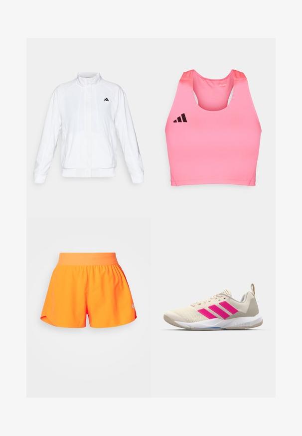 Balta sportinė striukė su aukštu apykakle, ilgomis rankovėmis ir užtrauktuku priekyje. Viršutinėje kairėje pusėje yra juodas logotipas. Lygus audinys.; adidas Performance ADIZERO - Viršus - lucid pink; Ryškiai oranžinės sportinės šortai su elastine juosta, laisvu kirpimu, šoninėmis plyšiais ir mažuoju pilku logotipu apatinėje kampe.; Bežiniai sportiniai bateliai su rožinėmis trimis juostomis, tekstūruota tinklelio viršutinė dalis, paminkštinta apykaklė ir balta guma neslystančia padu, turintys "LIGHTSTRIKE" prekės ženklą.