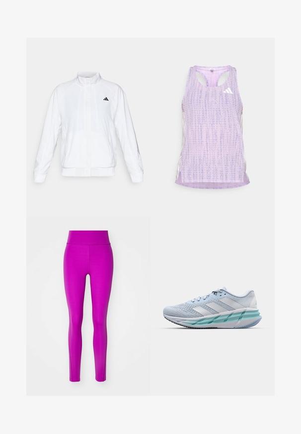 Giacca sportiva bianca con colletto alto, maniche lunghe e zip frontale. Presenta un logo nero nella parte superiore sinistra. Texture liscia.; Top atletico viola con tessuto a patterned e texturizzato. Presenta lati con ritagli e un piccolo logo bianco sulla parte anteriore.; Leggings aderenti in tessuto rosa brillante con una texture liscia e vita alta, caratterizzati da un design senza cuciture e gambe affusolate.; Scarpe da ginnastica azzurro chiaro con tomaia in maglia testurizzata, accenti bianchi e suola intermedia verde trasparente. Punta rotonda e colletto imbottito.