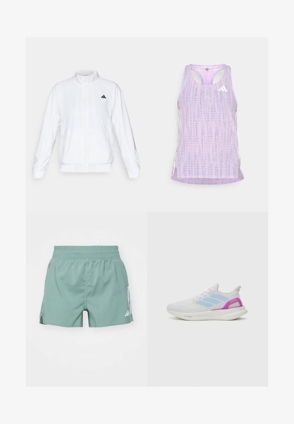 Casaco atlético branco com colarinho alto, mangas longas e fecho à frente com zip. Apresenta um logotipo preto no lado superior esquerdo. Textura suave.; Top desportivo roxo com um tecido texturizado e padrão. Apresenta recortes nas laterais e um pequeno logotipo branco na parte da frente.; Bermudas atléticas verdes com uma cintura elástica, aberturas laterais e detalhes em logo branco de um lado. Tecido suave com um design ajustado.; adidas Performance PUREBOOST 5 - Sapatos para corrida em estrada - white/glow blue/purple burst