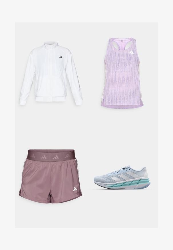 Bílá sportovní bunda se stojáčkem, dlouhými rukávy a zipem vpředu. Obsahuje černé logo na horní levé straně. Hladká textura.; Fialový sportovní top bez rukávů s vzorovanou, texturovanou tkaninou. Má vykrojené strany a malé bílé logo na přední straně.; adidas Performance HYPERGLAM SHORT - Sportovní kraťasy - shadow fig/white; Světlomodré sportovní boty s texturovaným pleteným svrškem, bílými akcenty a průhledným zeleným mezipodešví. Oválná špička a polstrovaný límec.