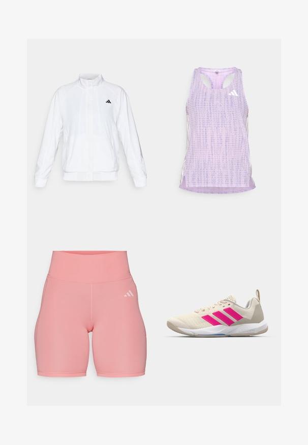 Casaco atlético branco com colarinho alto, mangas longas e fecho à frente com zip. Apresenta um logotipo preto no lado superior esquerdo. Textura suave.; Top desportivo roxo com um tecido texturizado e padrão. Apresenta recortes nas laterais e um pequeno logotipo branco na parte da frente.; adidas Performance Leggings - semi pink spark; Sapata atlética bege com logotipo de três riscas cor-de-rosa, parte superior em malha texturizada, colarinho acolchoado e sola de borracha branca, apresentando a marca "LIGHTSTRIKE".