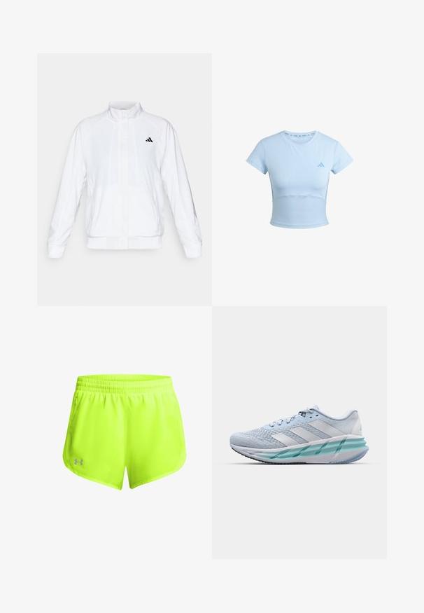Chaqueta deportiva blanca con cuello alto, mangas largas y cierre de cremallera frontal. Presenta un logo negro en la parte superior izquierda. Textura suave.; Camiseta deportiva corta de color azul claro con mangas cortas, sección inferior acanalada y un logo sutil en el pecho. Textura suave, diseño ajustado.; Pantalones cortos deportivos de color amarillo neón con cinturilla elástica, tejido ligero y bolsillos laterales. Presenta un pequeño logo gris en el dobladillo inferior.; Zapatillas deportivas azul claro con un upper de punto texturizado, acentos blancos y una suela intermedia verde transparente. Punta redondeada y cuello acolchado.